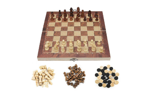 Three-in-One Folding Wooden Chessboard Checkers Gaming Set