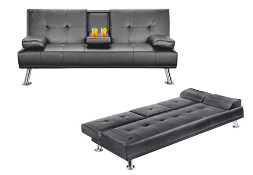 Three-Seater Convertible PU Leather Sofa Bed with Cup Holders - Two Colours Available