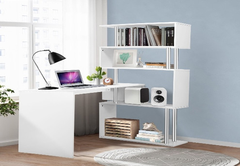 L-Shaped Rotating Home Desk with Four-Tier Bookshelf