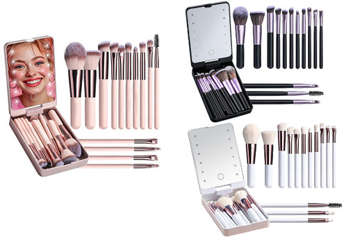 Rechargeable LED Light Makeup Mirror with Brushes Set - Available in Three Colours & Option for Two Sets