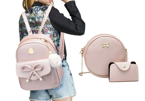 Three-Piece Bowknot Leather Backpack Set - Three Colours Available