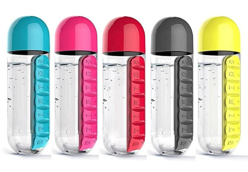 Detachable Daily Pill Box Organiser with Water Bottle - Available in Five Colours & Two Options