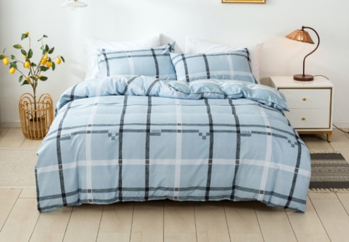 Three-Piece Plaid Blue Microfibre Duvet Cover Set - Two Sizes Available