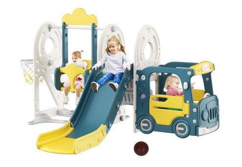 Five-in-One Kids Slide Swing Set with Bus Playhouse - Three Colours Available