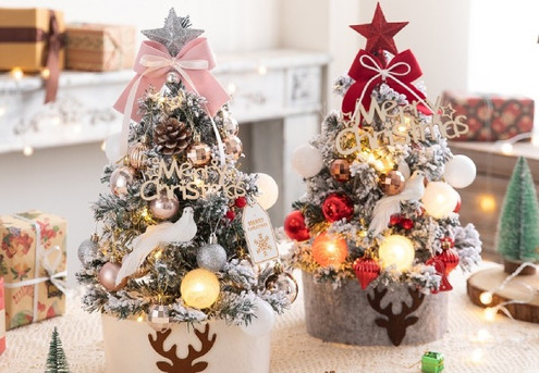 DIY Mini Tabletop Snow Flocked Christmas Tree with LED Lights - Two Styles Available & Option for Two-Size