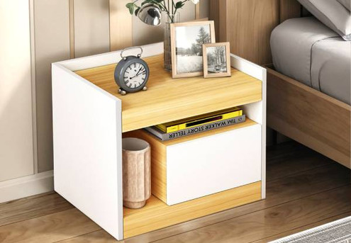 White & Oak Bedside Table with Storage Drawer