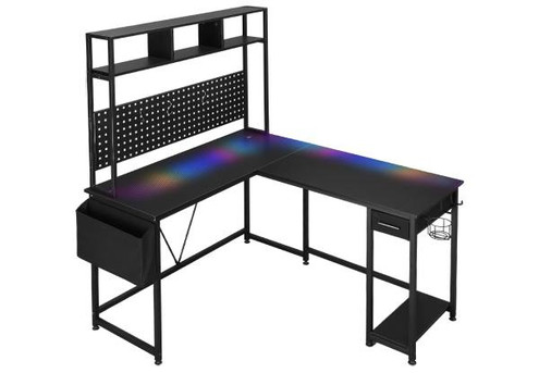 L-Shaped Gaming Desk with RGB LED Lights, Drawer & Storage