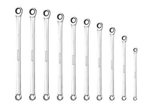 10-Piece Set of Extra Long Double Ring Cr-V Ratchet Spanner 72 Tooth Wrench Tool