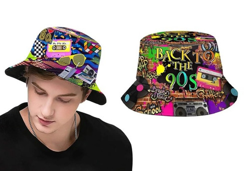 Funny Retro 80s 90s Style Design Reversible Print Bucket Hat - Two Styles Available