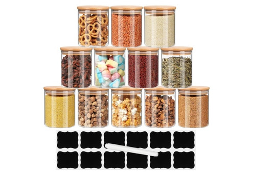 12-Piece 230ml Glass Storage Jars with Bamboo Lids & Labels