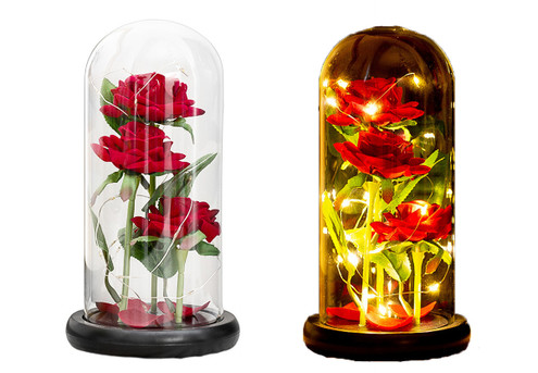 Three Roses in Glass Dome Eternal Flower with LED Light - Option for Two