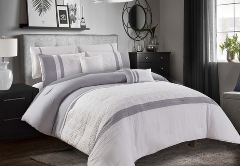Seven-Piece White & Grey Quilted & Pleated Comforter Set - Three Sizes Available