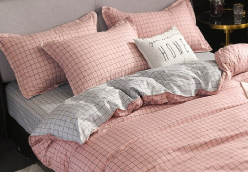 Three-Piece Pink & Grey Grid Microfibre Duvet Cover Set  - Three Sizes Available