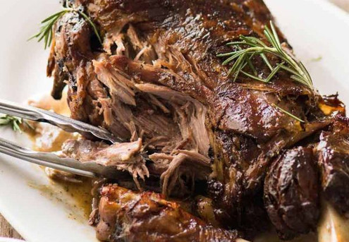 Tender Whole Baked Lamb Shoulder with Rosemary, Garlic & Scalloped Potatoes - Option for Slow Cooked Juicy Leg of Lamb with Scallop Potatoes & Two Coleslaws - Pick Up Only