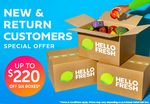 HelloFresh NEW & RETURN Customer Special Offer - At Least $50 Off for the First Box & Up to $220 OFF Six Boxes - Classic, Veggie, Family-Friendly, Calorie Smart, Carb Smart, Protein Rich or Flexitarian Recipes