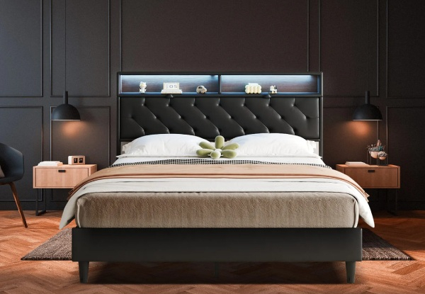 Wooden LED Bed Frame with Storage & Headboard - Two Sizes Available