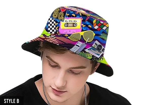 Funny Retro 80s 90s Style Design Reversible Print Bucket Hat - Two Styles Available