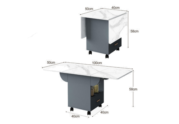 Folding Dining Table with Wheels, Shelf & Drawer