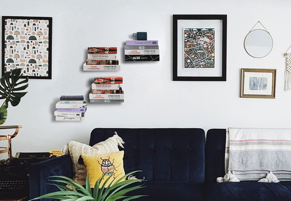 Two-Piece Wall Mounted Floating Bookshelf Set - Available in Two Colours & Option for Two Sets