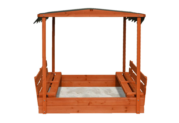 Wooden Sandpit with Two Bench Seats & Sun Shade