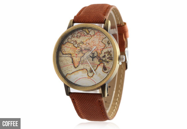 Vintage Style World Map Watch - Seven Colours & Option for Two with Free Delivery