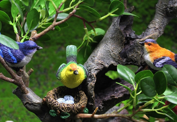 Three-Piece Garden Mini Birds Figurines with Nest Set