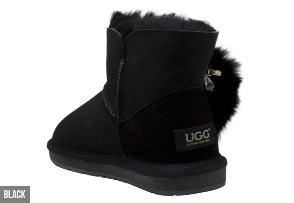 Auzland Women's Mini Pom Pom Diamante Button UGG Boots - Three Colours Available