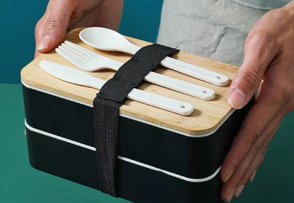 Double Layer Lunch Box with Wood Lid & Cutlery - Available in Four Colours