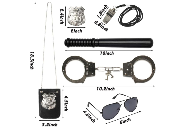 Five-Piece Kids Police Play Toy Set incl. Metal Handcuffs, Police Badge, Baton, Sunglasses & Whistle