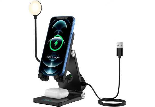 Four-in-One Wireless Charging Station with LED Desk Lamp Compatible with iPhone & Android