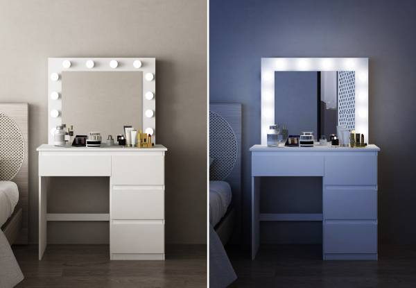 Maxkon 12 LED Mirror Vanity Dresser Table with Three Lighting Modes & Four Drawers