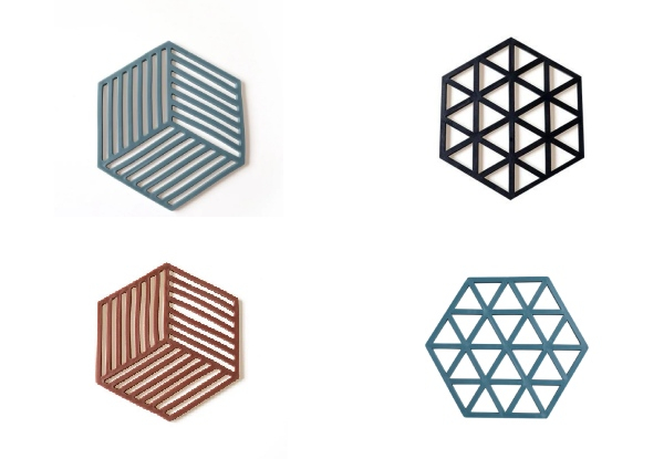 Four-Pack of Silicone Geometric Coasters -Two Styles & Three Colours Available & Option for Cork Coasters