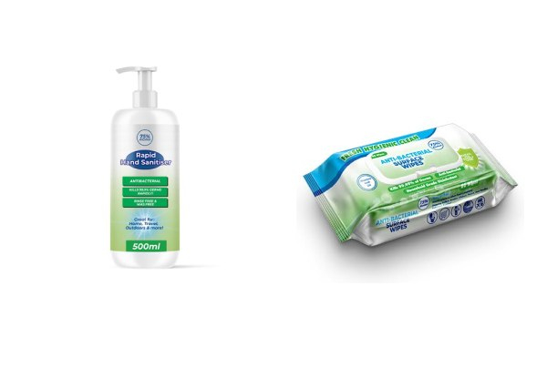 Two-Pack Rapid Hand Sanitiser 500ml or a Two-Pack of 75% Alcohol Disinfectant Surface Wipes
