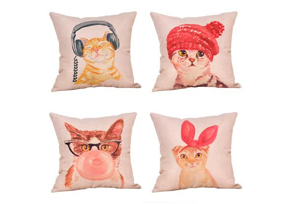 Cat Printed Linen Cushion Cover - Four Styles Available