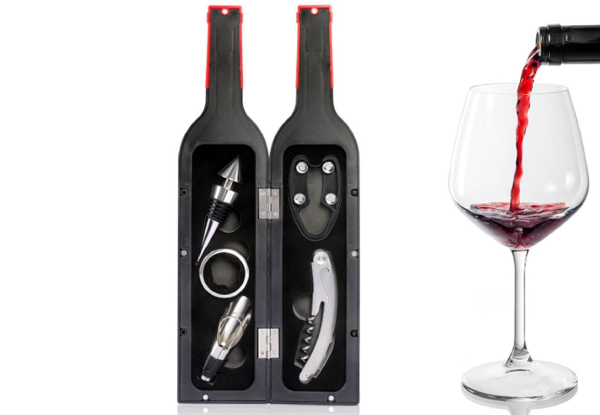 Five Piece Wine Bottle Opener Gift Set with Bottle Shaped Carry Case - Option for Two-Pack