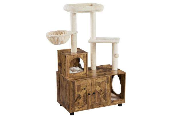 Cat Litter Box Enclosure with Tree Tower