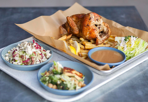One Whole Rotisserie Chicken Served with Hand Cut Fries & Slaw with Choice of Two Seasonal Sides for Two to Four People - Option to incl. One Jug of Local Tap Beer or Carafe of Wine