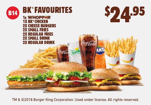 BK Favourites Bundle - One WHOPPER, One BK Chicken, Two Cheeseburgers, Two Small Fries, Two Regular Fries, Two Small Drinks & Two Regular Drinks for $24.95 - Using the Code B14