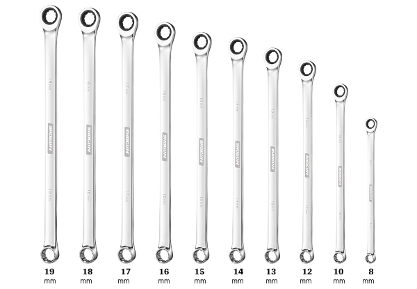 10-Piece Extra Long Double Ring Cr-V Ratchet Spanner Set