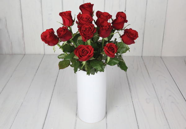A Dozen Valentine's Day Red Roses incl. a White Vase & Gift Bag with Free Auckland Delivery