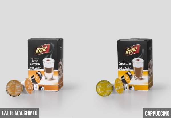 Seven Packs of Rene Coffee Pods & a Twin-Pack of Latte Glasses - Compatible with Dolce Gusto - Three Options Available