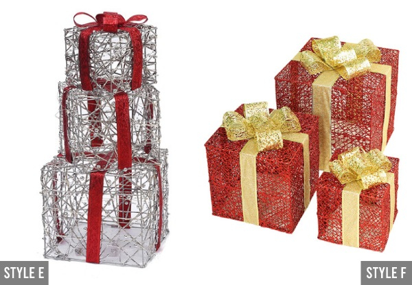 Three-Piece Christmas LED Light Gift Boxes Decorations - 11 Styles Available