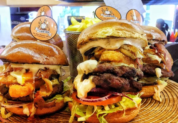 Gourmet Burger & Chips Combo at the Flaming Onion - Option for Two People - Two Locations Available