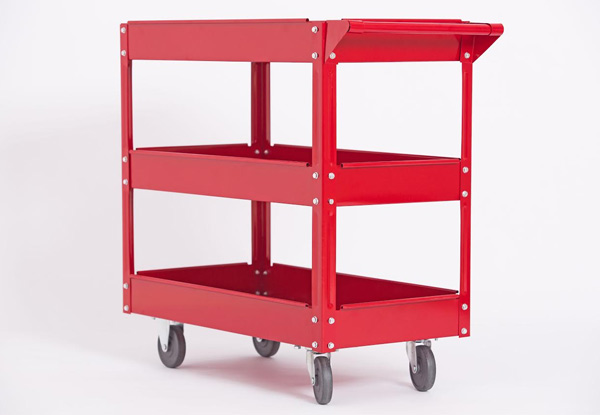 Red Three-Tray Metal Tool Cart