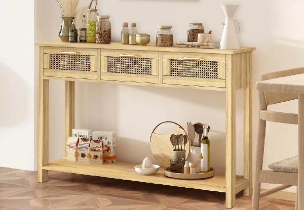 Narrow Console Table with Three Rattan Drawers