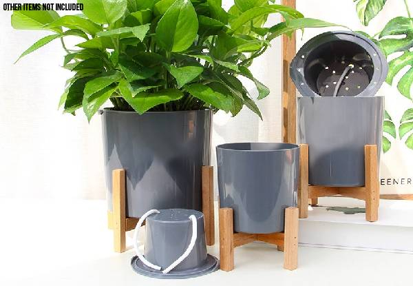 Modern Grey Plastic Plant Pot with Wooden Stand - Three Sizes Available