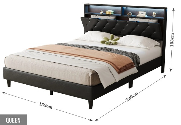 Wooden LED Bed Frame with Storage & Headboard - Two Sizes Available