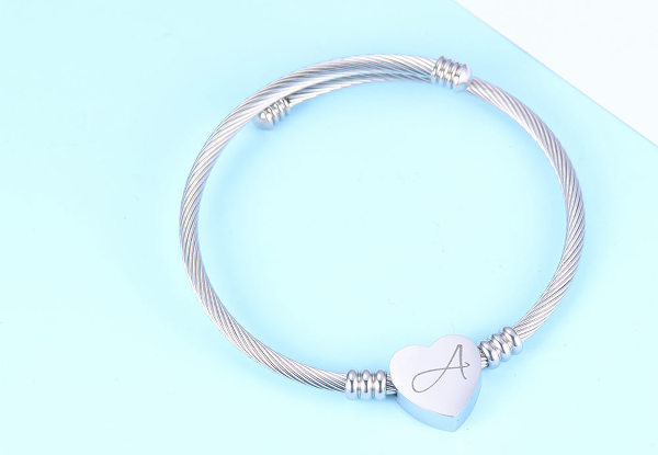 Stainless Steel Heart Initial Bangle Bracelet