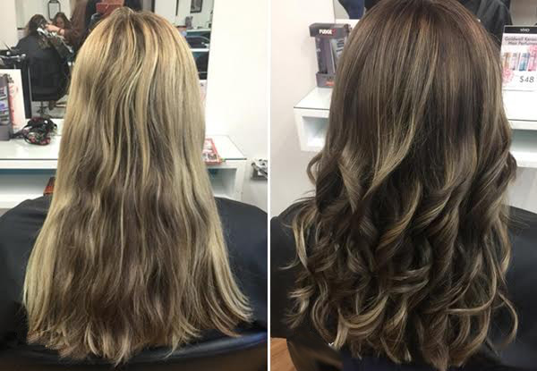 Balayage, Ombre, Dip-Dye or Root Melt Hair Package incl. Colour, Style Cut, Shampoo, OLAPLEX Treatment, Head Massage & Blow Wave Finish - Two Locations Available