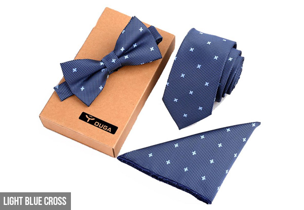 Three-Piece Tie, Bow Tie & Pocket Square Set - Nine Styles Available